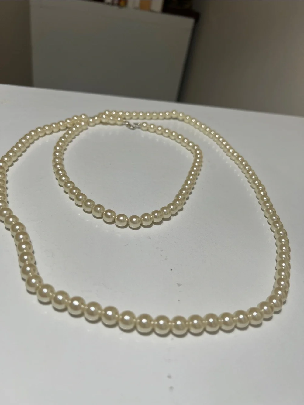 Long Faux Pearl Strand Necklace in Cream - Vintage